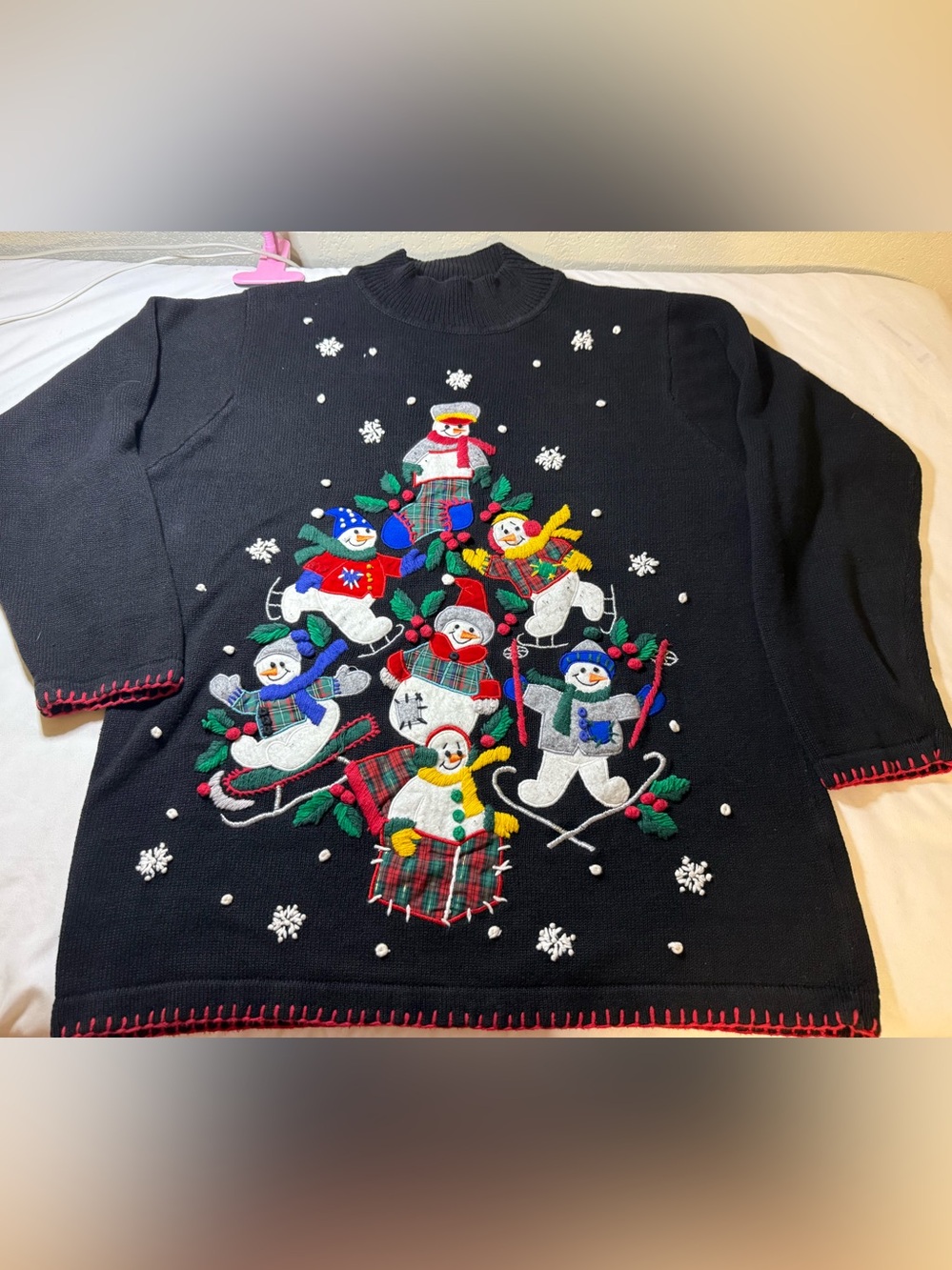 Black Festive Snowman Tree Cowl-Neck Sweater